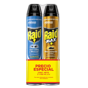 Insecticida Aerosol Raid Elimina Voladores 400ml + Raid Max 400ml x12Un