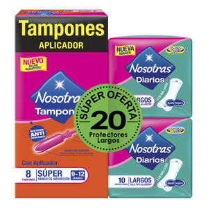 Tampones Nosotras Aplicador Súper 8 Tampones + 20 Protectores Largo