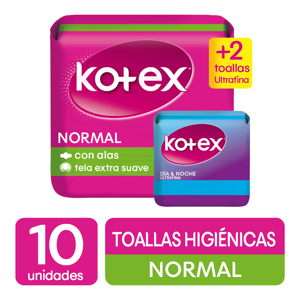 Toalla Higiénica Normal Kotex x10 Toallas + 2 Toallas Dia y Noche