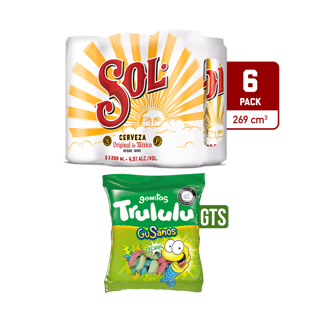 Cerveza Sol x6Un Latas x269ml Gts Gomas Trululu Gusanos Acidos x80gr