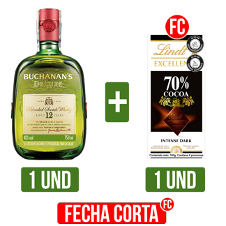Buchanan’s Deluxe whisky escocés 12 años x750 ml + Lindt Excellence 70% Cocoa x100gr