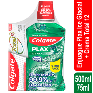 Oferta(Enjuague Bucal Colgate Plax Glacial x500ml  + Crema Total Clean Mint x75ml)