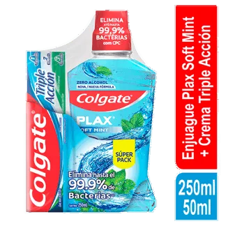 Oferta(Enjuague Bucal Colgate Plax Soft Mint x12Un x250ml + Crema Triple Acción x50ml)