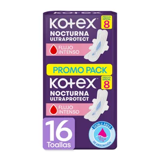 Toalla Femenina Nocturna Kotex Tela con Alas PromoPack x16toallas