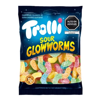 Trolli Sour Glowworms x 100gr. (Gusanito Acido). Display 12 unidades.