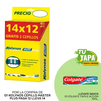 Kolynos Cepillo Master Plus. Paga 12, lleva 14. (01 display) - GRATIS: 01 Colgate Triple Acción 75ml.