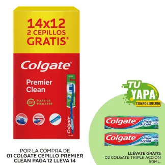 Colgate Cepillo Premier Clean. Paga 12, lleva 14 unidades. (01 display) - GRATIS: 02 Colgate Triple Acción 50ml.
