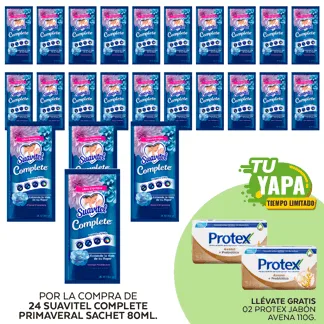 Suavitel Complete Primaveral. Sachet 80ml (24 unidades) - GRATIS: 02 Protex Jabón Avena 110g.