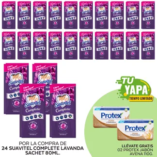 Suavitel Complete Lavanda. Sachet 80ml. (24 unidades) - GRATIS: 02 Protex Jabón Avena 110g.