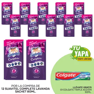 Suavitel Complete Lavanda. Sachet 80ml. (12 unidades) - GRATIS: 01 Colgate Triple Acción 50ml.