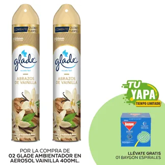 Glade Ambientador en Aerosol Vainilla 400ml. (02 unidades) - GRATIS: 01 Baygon Espirales. (Caja 10und).