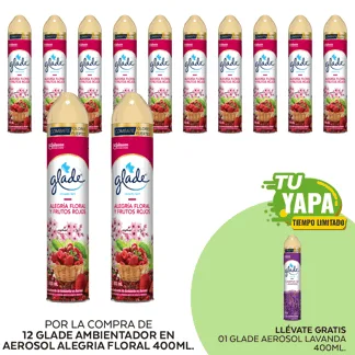 Glade Ambientador en Aerosol Alegría Floral y Frutos Rojos 400ml. (12 unidades) - GRATIS: 01 Glade Aerosol Lavanda 400ml.