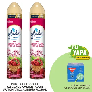 Glade Ambientador en Aerosol Alegría Floral y Frutos Rojos 400ml. (02 unidades) - GRATIS: 01 Baygon Espirales. (Caja 10und).