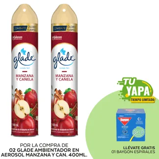 Glade Ambientador en Aerosol Manzana y Canela 400ml. (02 unidades) - GRATIS: 01 Baygon Espirales. (Caja 10und).