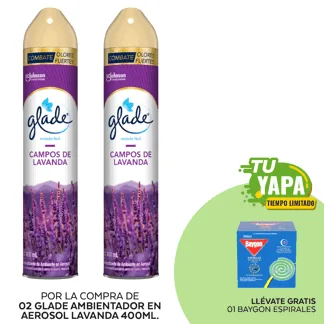 Glade Ambientador en Aerosol Lavanda 400ml. (02 unidades) - GRATIS: 01 Baygon Espirales. (Caja 10und).