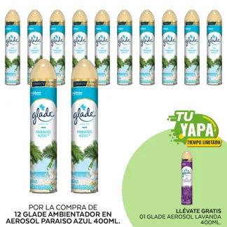 Glade Ambientador en Aerosol Paraiso Azul 400ml. (12 unidades) -  GRATIS: 01 Glade Aerosol Lavanda 400ml.