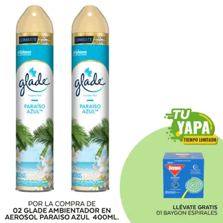 Glade Ambientador en Aerosol Paraiso Azul 400ml. (02 unidades) - GRATIS: 01 Baygon Espirales. (Caja 10und).