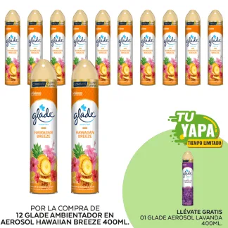 Glade Ambientador en Aerosol Hawaiian Breeze 400ml. (12 unidades) -  GRATIS: 01 Glade Aerosol Lavanda 400ml.