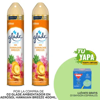 Glade Ambientador en Aerosol Hawaiian Breeze 400ml. (02 unidades) - GRATIS: 01 Baygon Espirales. (Caja 10und).
