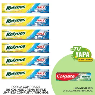 Kolynos Crema Dental Triple Limpieza Completa. Tubo 90g. (06 unidades) - GRATIS: 01 Colgate Herbal 90g.