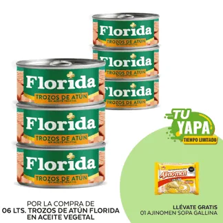 Florida Atún Trozos en Aceite Vegetal. Lata 140g. (06 unidades) - GRATIS: 01 Ajinomen Sopa Gallina 80 g.