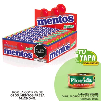 Mentos Fresa. Display 14 unidades. (01 display) - GRATIS: 01 Florida Filete Aceite Girasol.