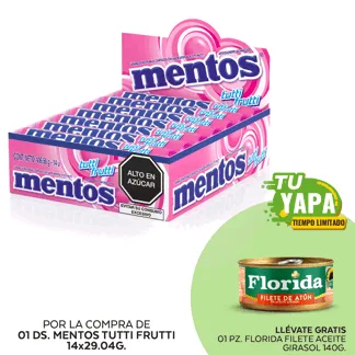 Mentos Tutti Frutti. Display 14 unidades. (01 display) - GRATIS: 01 Florida Filete Aceite Girasol.