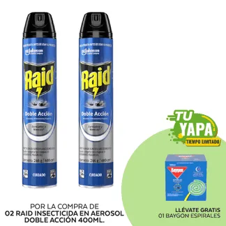 Raid Insecticida en Aerosol Doble Acción 400ml. (02 unidades) - GRATIS: 01 Baygon Espirales. (Caja 10und).