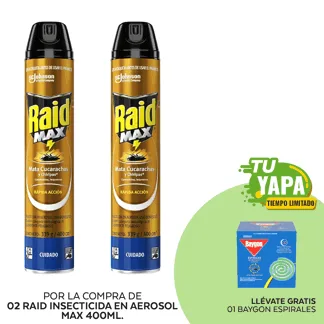 Raid Insecticida en Aerosol Max 400ml. (02 unidades) - GRATIS: 01 Baygon Espirales. (Caja 10und).