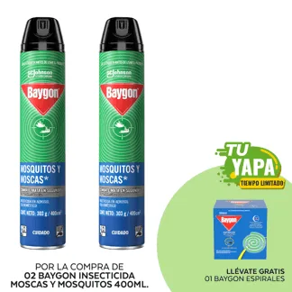 Baygón Insecticida Mosquitos y Moscas 400ml.(02 unidades) - GRATIS: 01 Baygon Espirales. (Caja 10und).