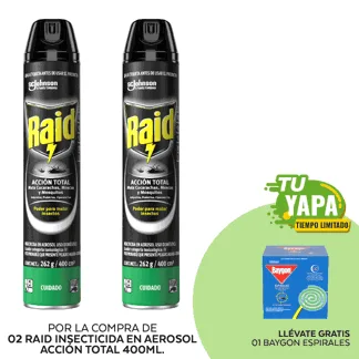 Raid Insecticida en Aerosol Acción Total 400ml. Nuevo (02 unidades) - GRATIS: 01 Baygon Espirales. (Caja 10und).