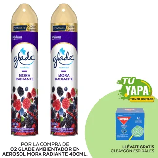 Glade Ambientador en Aerosol Mora Radiante 400ml. (02 unidades) - GRATIS: 01 Baygon Espirales. (Caja 10und).