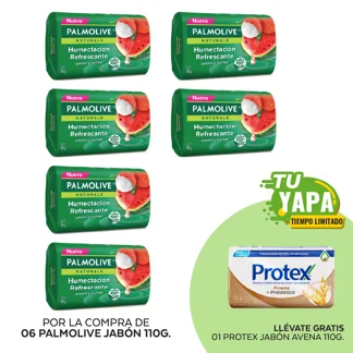 Palmolive Jabón Sandía y Lychee. Barra 110g. (06 unidades) - GRATIS: 01 Protex Jabón Avena 110g.