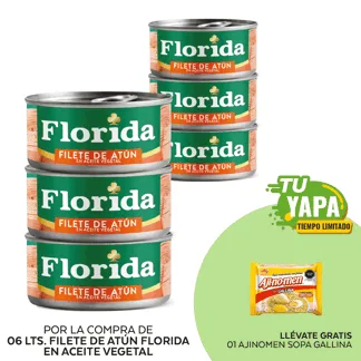 Florida Atún Filete en Aceite Vegetal. Lata 140g. (06 unidades) - GRATIS: 01 Ajinomen Sopa Gallina 80 g.