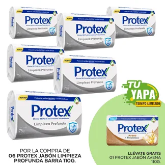Protex Jabón Limpieza Profunda. Barra 110g. (06 unidades) - GRATIS:  01 Protex Jabón Avena 110g.