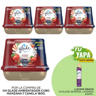 Glade Ambientador en Cubo Manzana Canela 180g. (04 unidades) - GRATIS: 01 Glade Aerosol Lavanda 400ml.