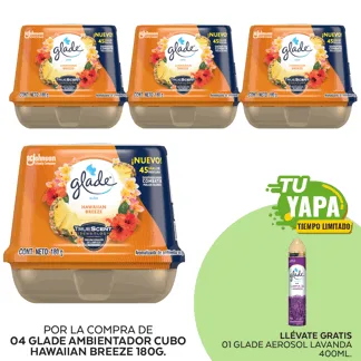 Glade Ambientador en Cubo Hawaian Breeze 180g. (04 unidades) - GRATIS: 01 Glade Aerosol Lavanda 400ml.