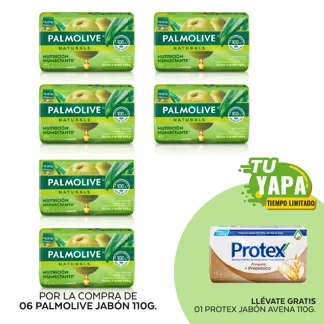 Palmolive Jabón Sensación Humectante Oliva y Aloe. Barra 110g. (06 unidades) - GRATIS: 01 Protex Jabón Avena 110g.