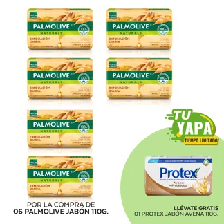 Palmolive Jabón Avena y azúcar morena. Barra 110g. (06 unidades) - GRATIS: 01 Protex Jabón Avena 110g.