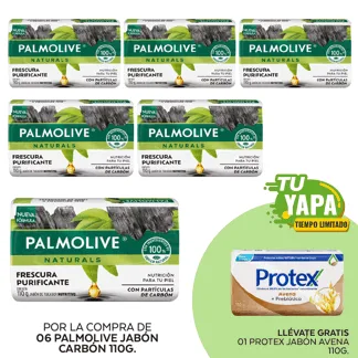 Palmolive  Jabón Carbón 110g.  (06 unidades) - GRATIS: 01 Protex Jabón Avena 110g.