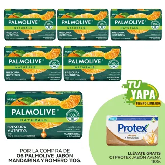 Palmolive Jabón Mandarina y Romero. Barra 110g. (06 unidades) - GRATIS:  01 Protex Jabón Avena 110g.