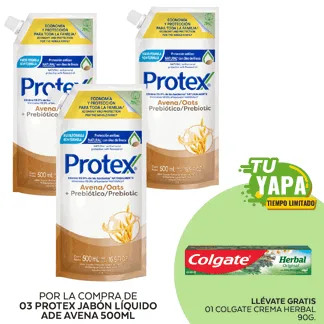Protex Jabón Líquido Avena. Doypack 500ml. (03 unidades) - GRATIS: 01 Colgate Herbal 90g.