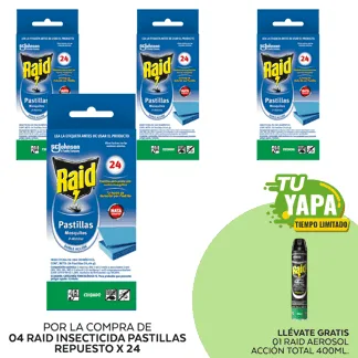 Raid Insecticida Pastillas Repuesto x 24. (04 unidades) - GRATIS: 01 Insecticida Raid Aerosol Doble Acción 400ml.