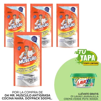 Mr Musculo Antigrasa Cocina Naranja Doypack 500ml. (04 unidades) - GRATIS: 01 Lavax Lavavajilla Crema Verde. Pote 300gr.