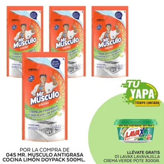 Mr Musculo Antigrasa Cocina Limón Doypack 500ml. (04 unidades) - GRATIS: 01 Lavax Lavavajilla Crema Verde. Pote 300gr.