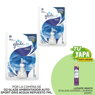 Glade Ambientador Auto Sport Gris Acqua Repuesto 7ml. (02 unidades) - GRATIS: 01 Glade Aerosol Lavanda 400ml.