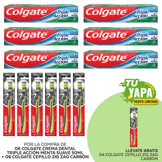 Colgate Triple Acción. Tubo 50ml. (06 unidades) + Colgate Cepillo Zig Zag Carbón. (06 unidades) - GRATIS: 04 Colgate Cepillo Zig Z