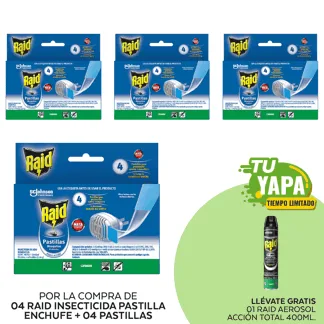Raid Insecticida Pastillas Aparato Eléctrico + 4pastillas. (04 unidades) - GRATIS: 01 Insecticida Raid Aerosol Doble Acción 400ml.