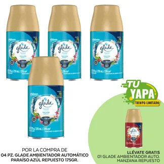 Glade Ambientador Automático Paraiso Azul Repuesto 175gr. (04 unidades) - GRATIS: 01 Glade Ambientador Automático Manzana Repuesto