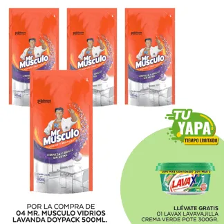 Mr. Músculo Vidrios Lavanda. Doypack 500ml. (04 unidades) - GRATIS: 01 Lavax Lavavajilla Crema Verde. Pote 300gr.